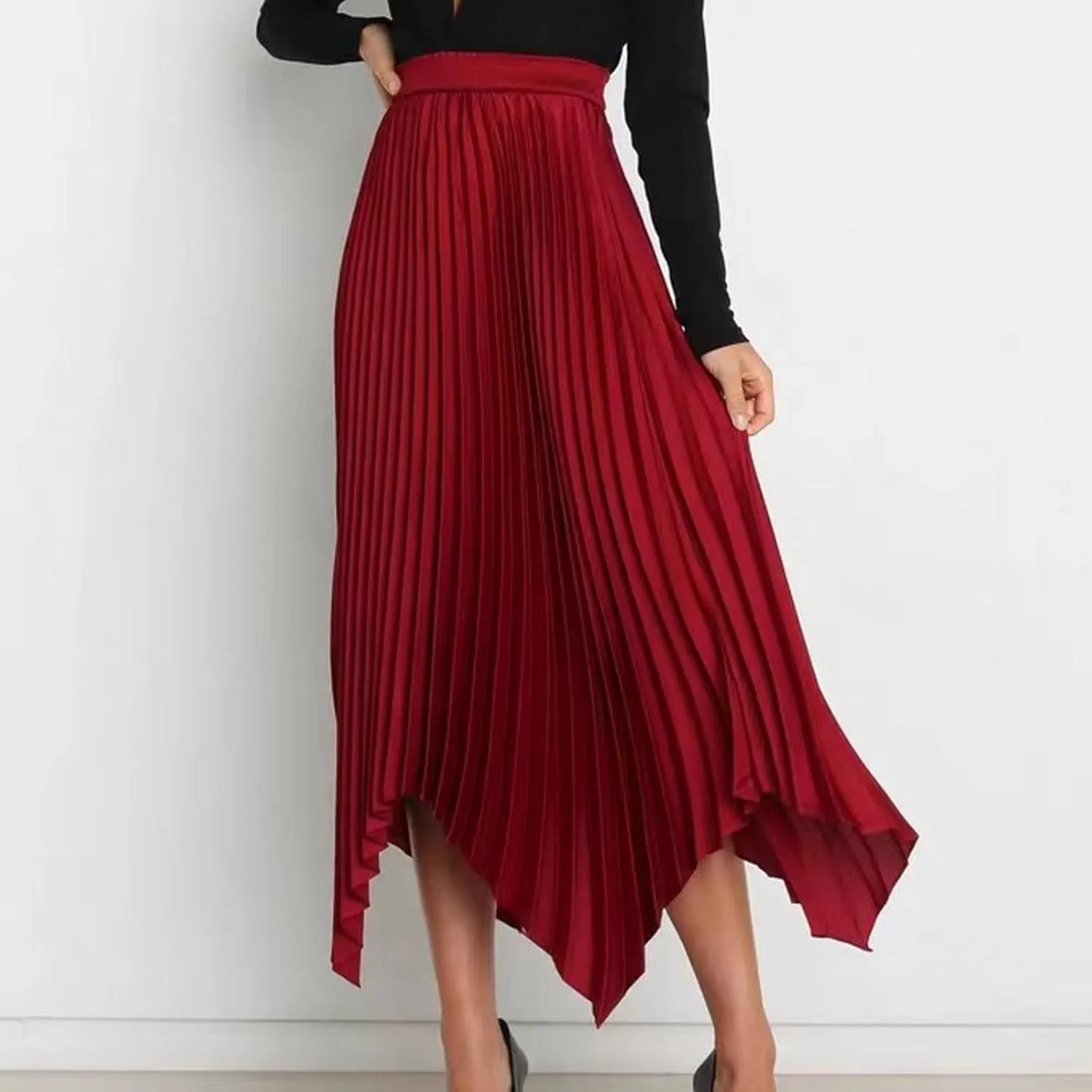 Flowy Skirts for Women Solid Color High Waist Pleated Irregular Hem A Line Swing Skirts Fashion Casual Skirt