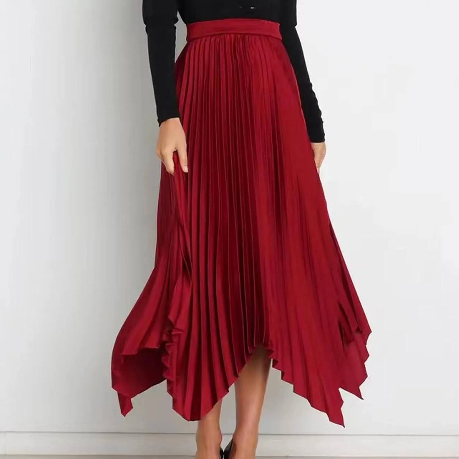 Flowy Skirts for Women Solid Color High Waist Pleated Irregular Hem A Line Swing Skirts Fashion Casual Skirt