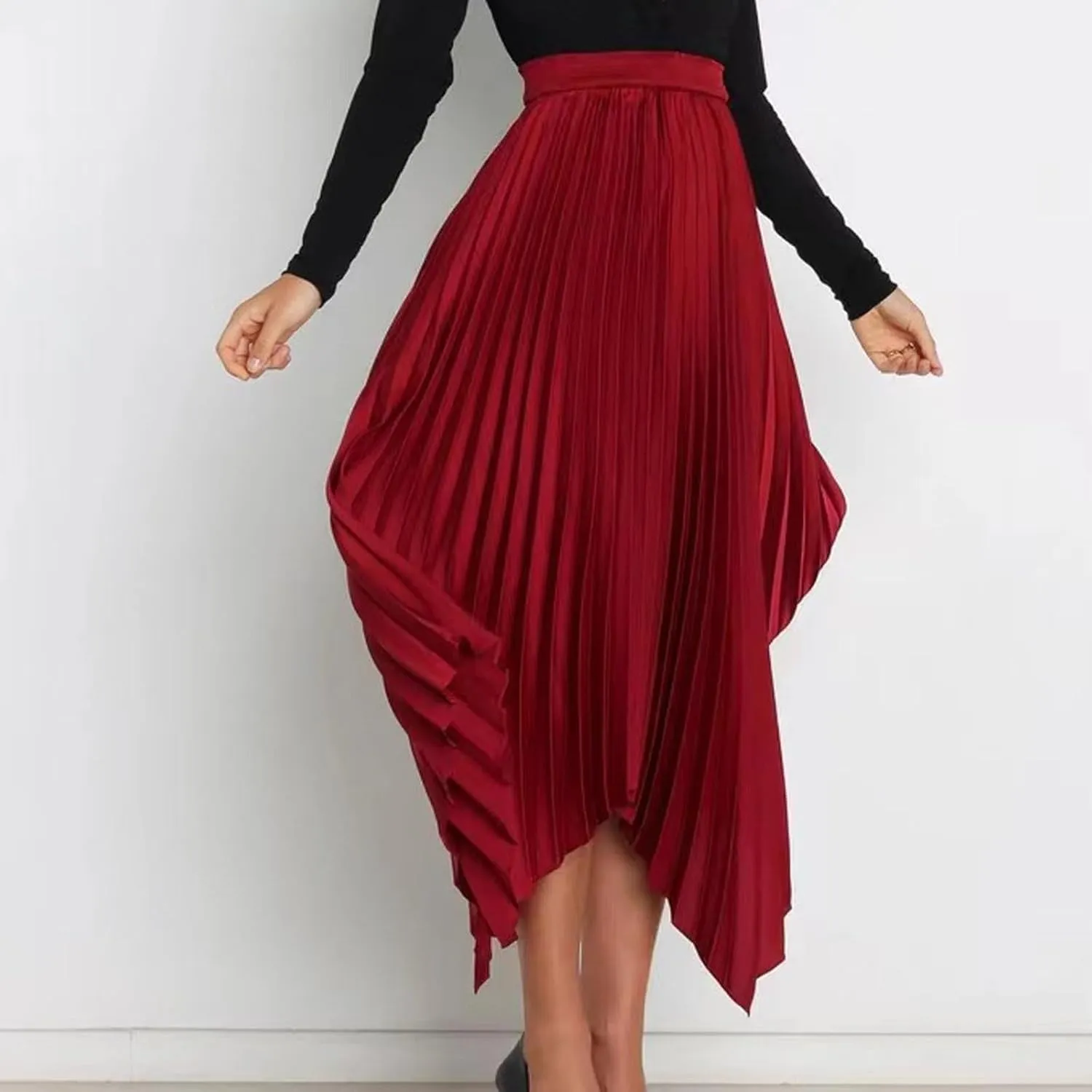 Flowy Skirts for Women Solid Color High Waist Pleated Irregular Hem A Line Swing Skirts Fashion Casual Skirt