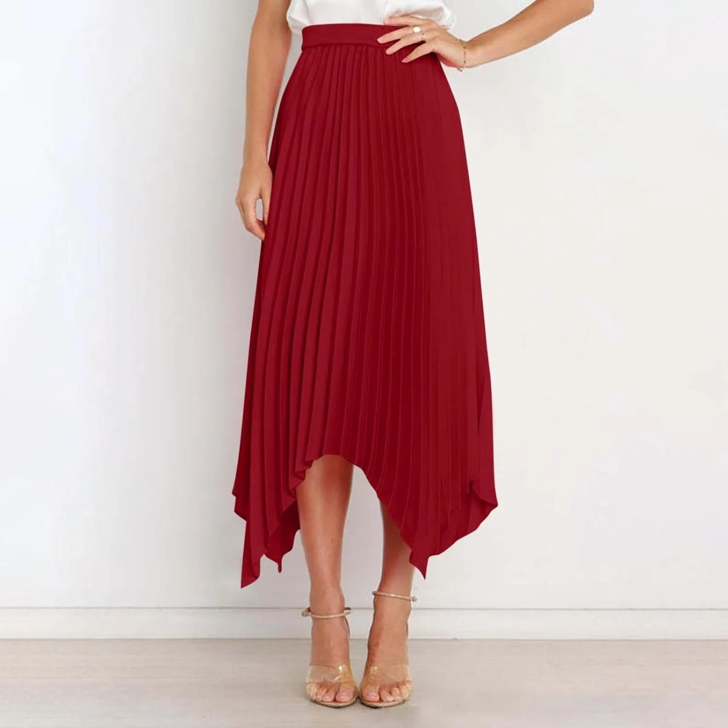 Flowy Skirts for Women Solid Color High Waist Pleated Irregular Hem A Line Swing Skirts Fashion Casual Skirt