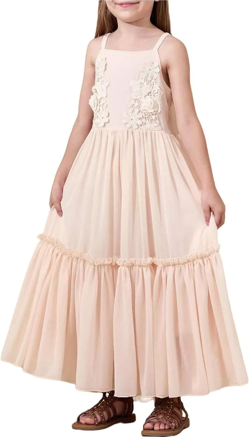 Girls Summer Maxi Dress Sleeveless Casual Layered Ruffles Flowy Tiered Dresses Teen Girl Solid Boho Beach Dress