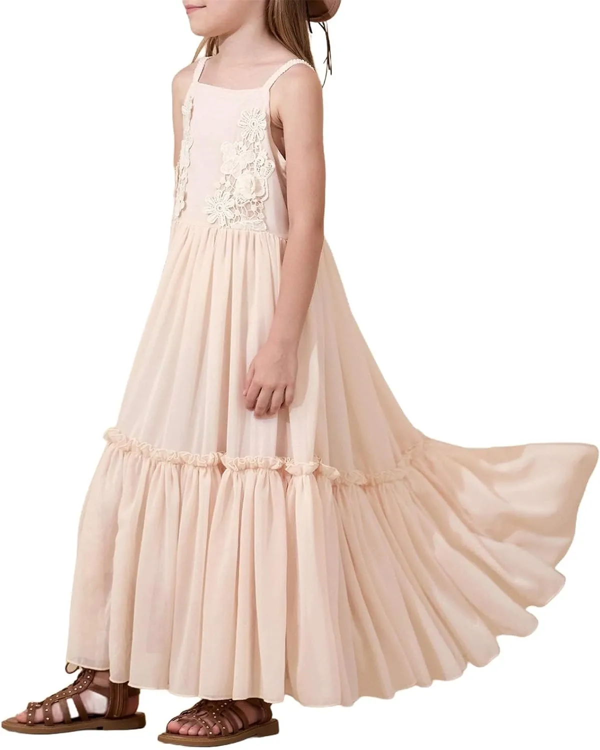 Girls Summer Maxi Dress Sleeveless Casual Layered Ruffles Flowy Tiered Dresses Teen Girl Solid Boho Beach Dress