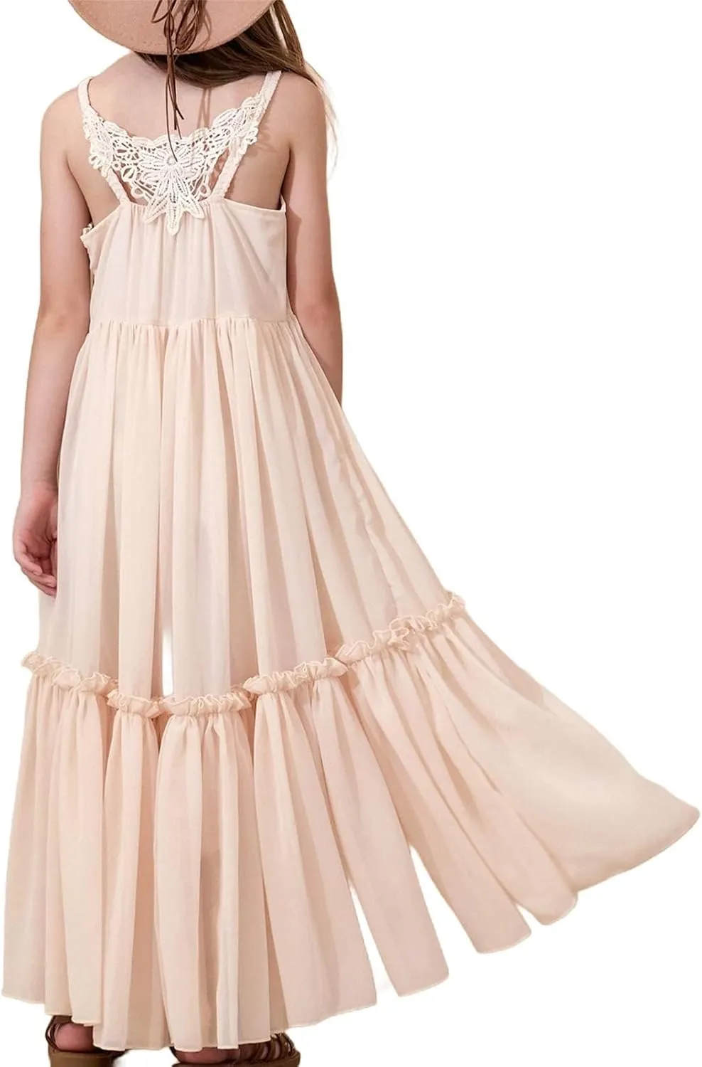Girls Summer Maxi Dress Sleeveless Casual Layered Ruffles Flowy Tiered Dresses Teen Girl Solid Boho Beach Dress