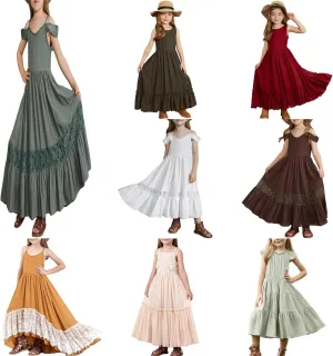 Girls Summer Maxi Dress Sleeveless Casual Layered Ruffles Flowy Tiered Dresses Teen Girl Solid Boho Beach Dress