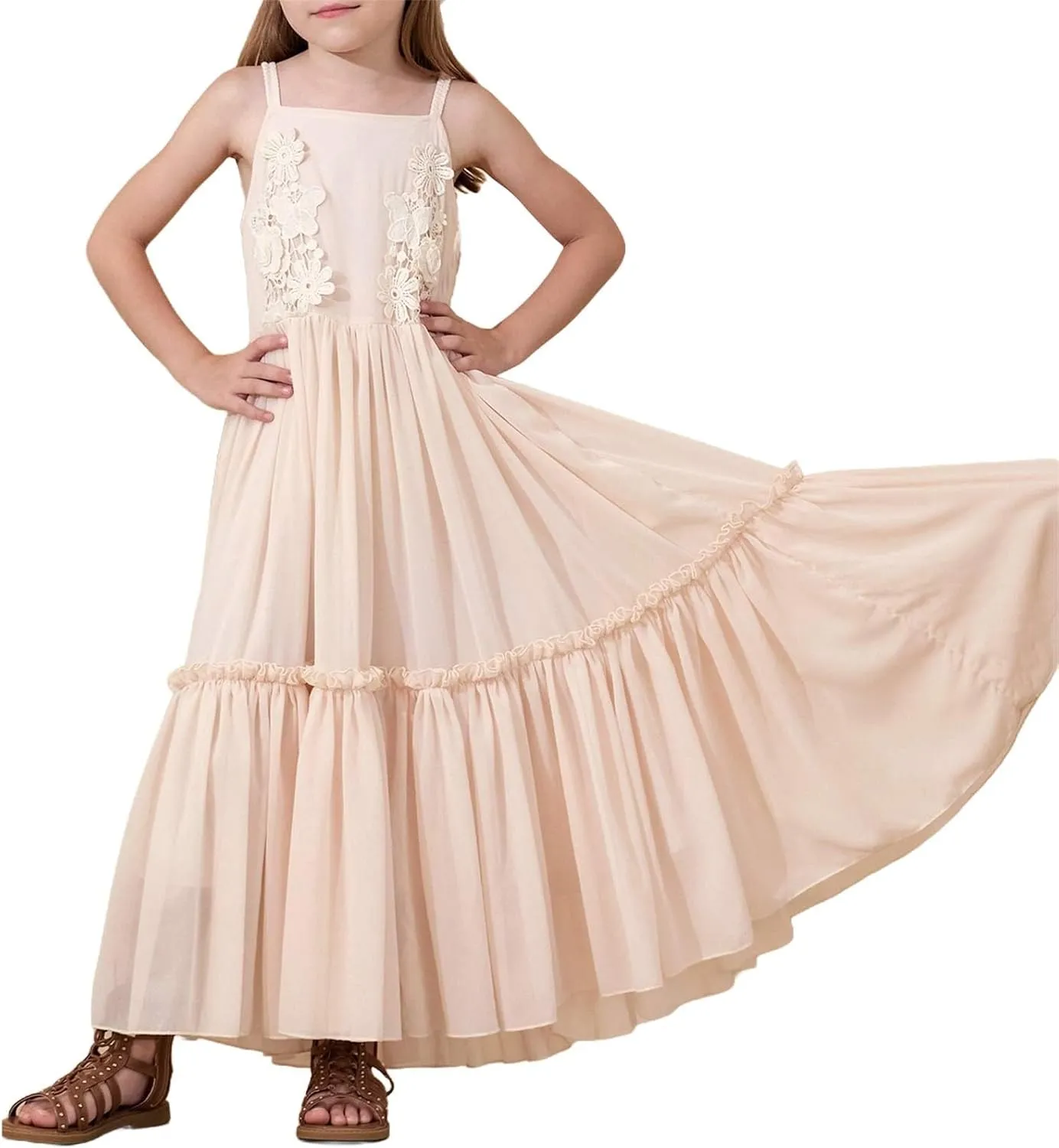 Girls Summer Maxi Dress Sleeveless Casual Layered Ruffles Flowy Tiered Dresses Teen Girl Solid Boho Beach Dress