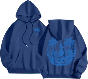 Graphic Hoodies Vintage Malibu Beach Surf up CATCH WAVES Printed Hoodie Sweatshirt Long Sleeve Sweatshirts Pullovers