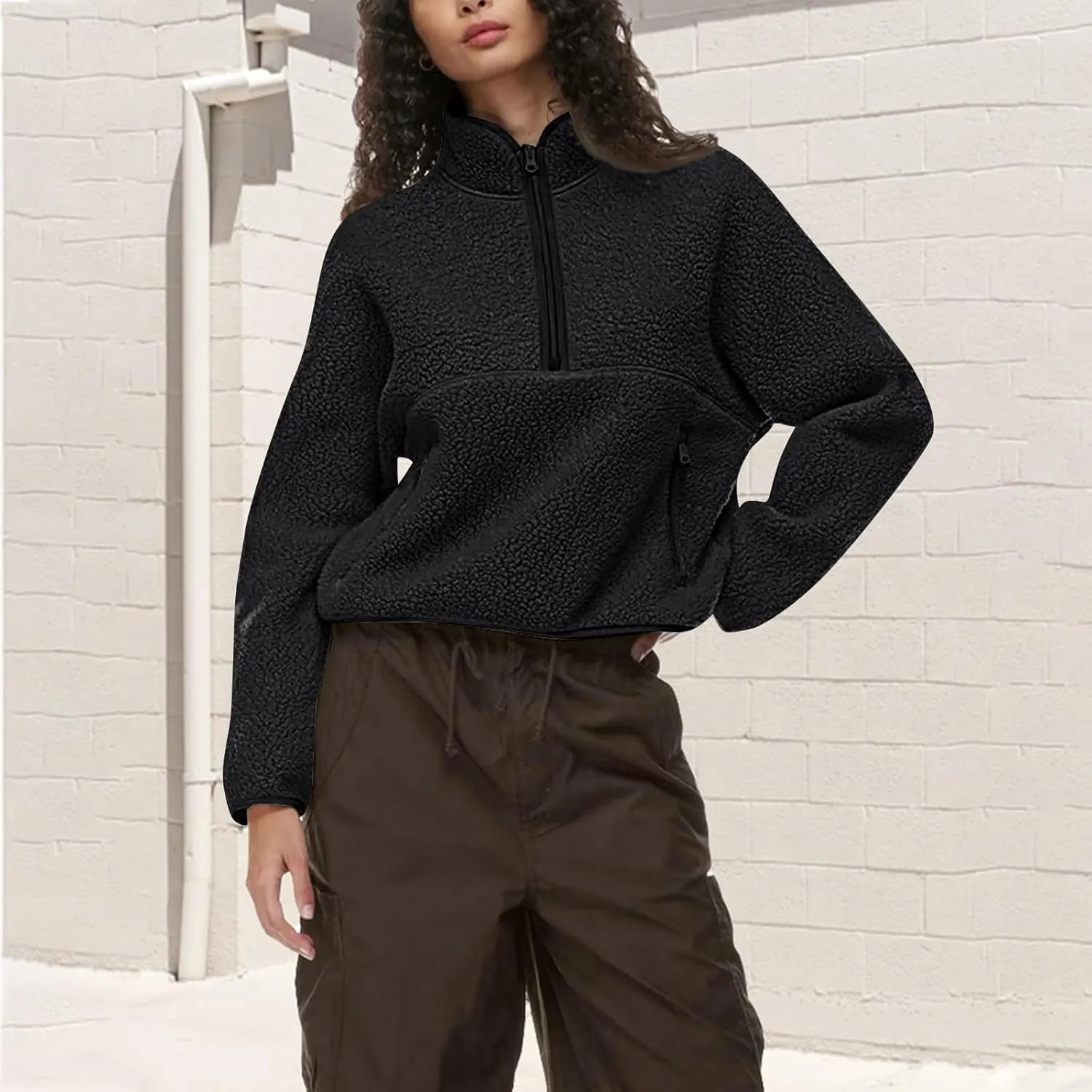 Half Zip Pullover Women Cropped Lightweight Sweatshirts Fleece Fuzzy Sweaters Winter Jackets For Women With Pocket