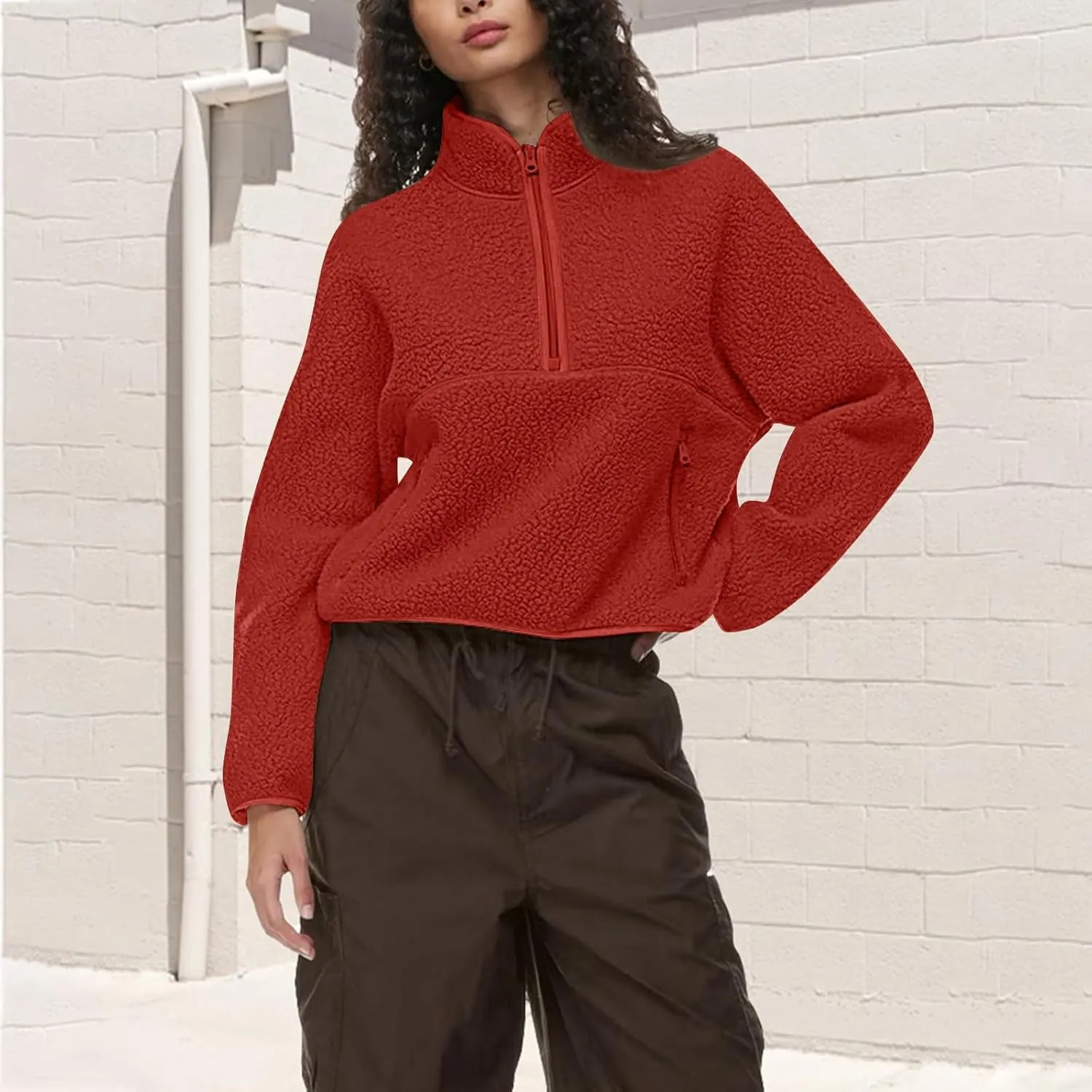 Half Zip Pullover Women Cropped Lightweight Sweatshirts Fleece Fuzzy Sweaters Winter Jackets For Women With Pocket
