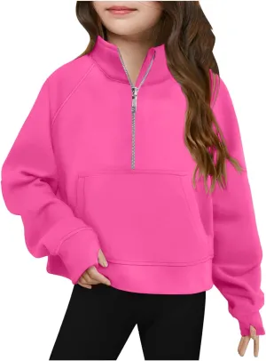 Half Zip Sweatshirt for Girls Long Sleeve Pullover Crop Tops Lightweight Fleece Spring Fall Clothes Thumb Hole