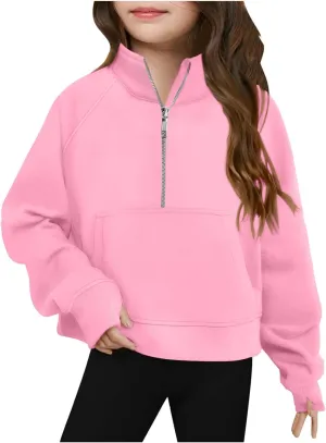 Half Zip Sweatshirt for Girls Long Sleeve Pullover Crop Tops Lightweight Fleece Spring Fall Clothes Thumb Hole