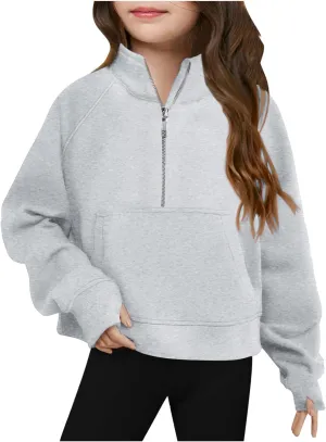 Half Zip Sweatshirt for Girls Long Sleeve Pullover Crop Tops Lightweight Fleece Spring Fall Clothes Thumb Hole