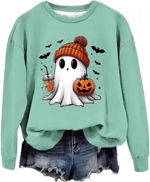 Halloween Sweatshirts for Women Fashion Crewneck Long Sleeve Loose Comfy Tunic Tops Autumn Lightweight Pullover Hoodie
