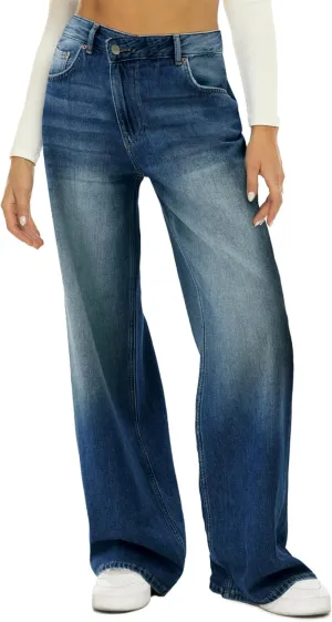 HDLTE Women Crossover Wide Leg Jeans – Stretch Baggy Jeans High Waisted Trendy Boyfriend Jeans Crisscross Y2K 90s Pants(Crossover Deep Blue, X-Small)