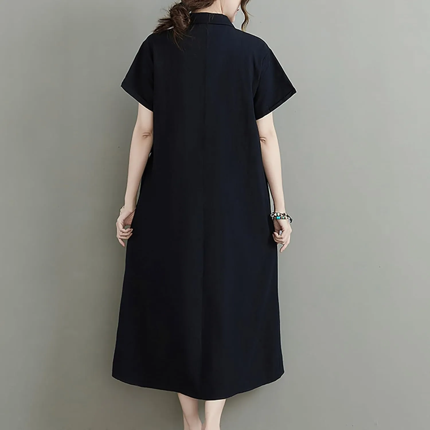 HGps8w Women's Cotton Linen Lapel Midi Dress - Casual Summer Short Sleeve Button Up A Line Plus Size Dresses