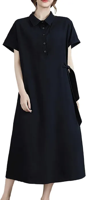 HGps8w Women's Cotton Linen Lapel Midi Dress - Casual Summer Short Sleeve Button Up A Line Plus Size Dresses