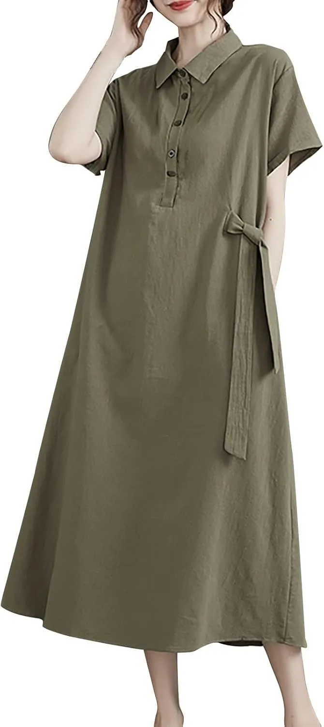 HGps8w Women's Cotton Linen Lapel Midi Dress - Casual Summer Short Sleeve Button Up A Line Plus Size Dresses
