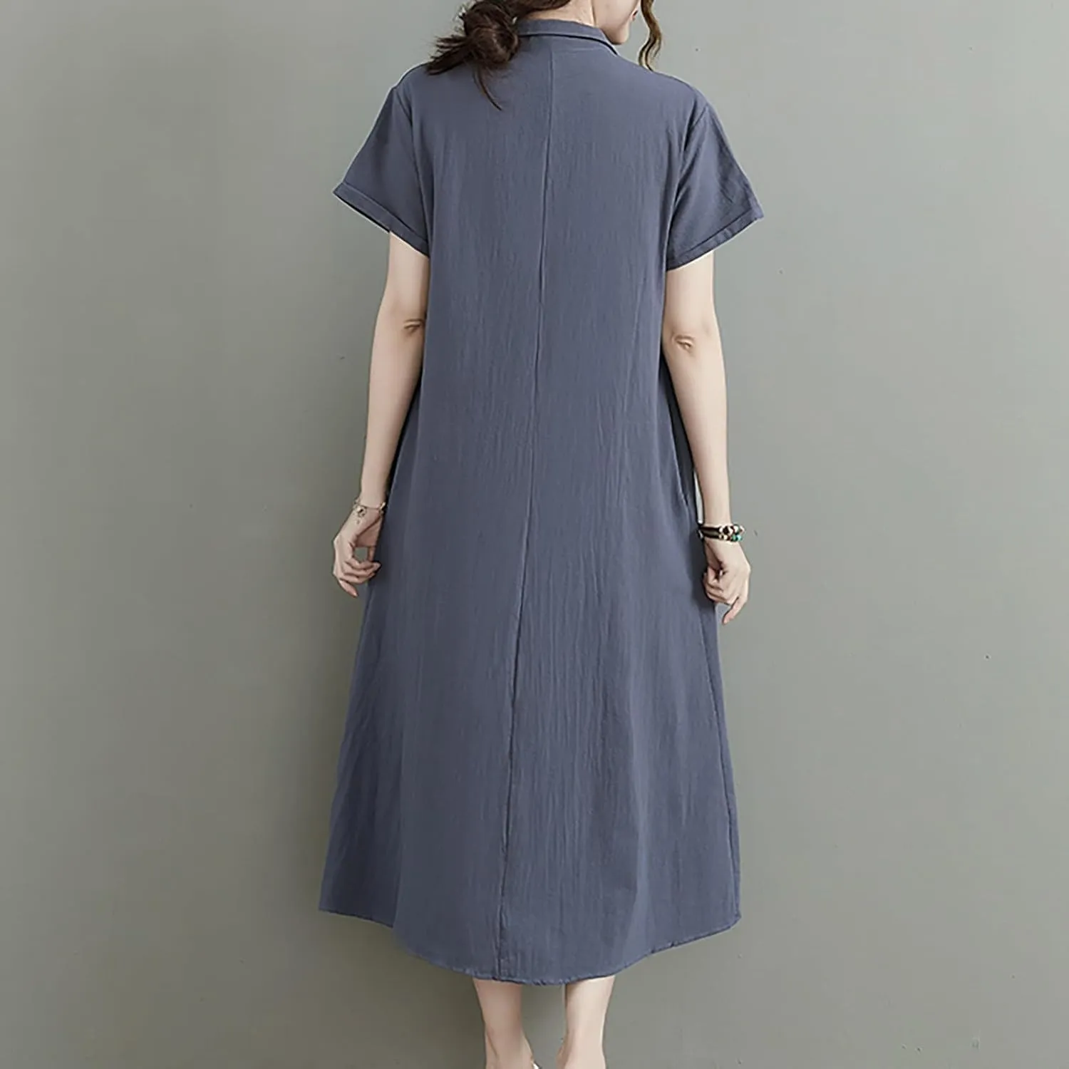 HGps8w Women's Cotton Linen Lapel Midi Dress - Casual Summer Short Sleeve Button Up A Line Plus Size Dresses