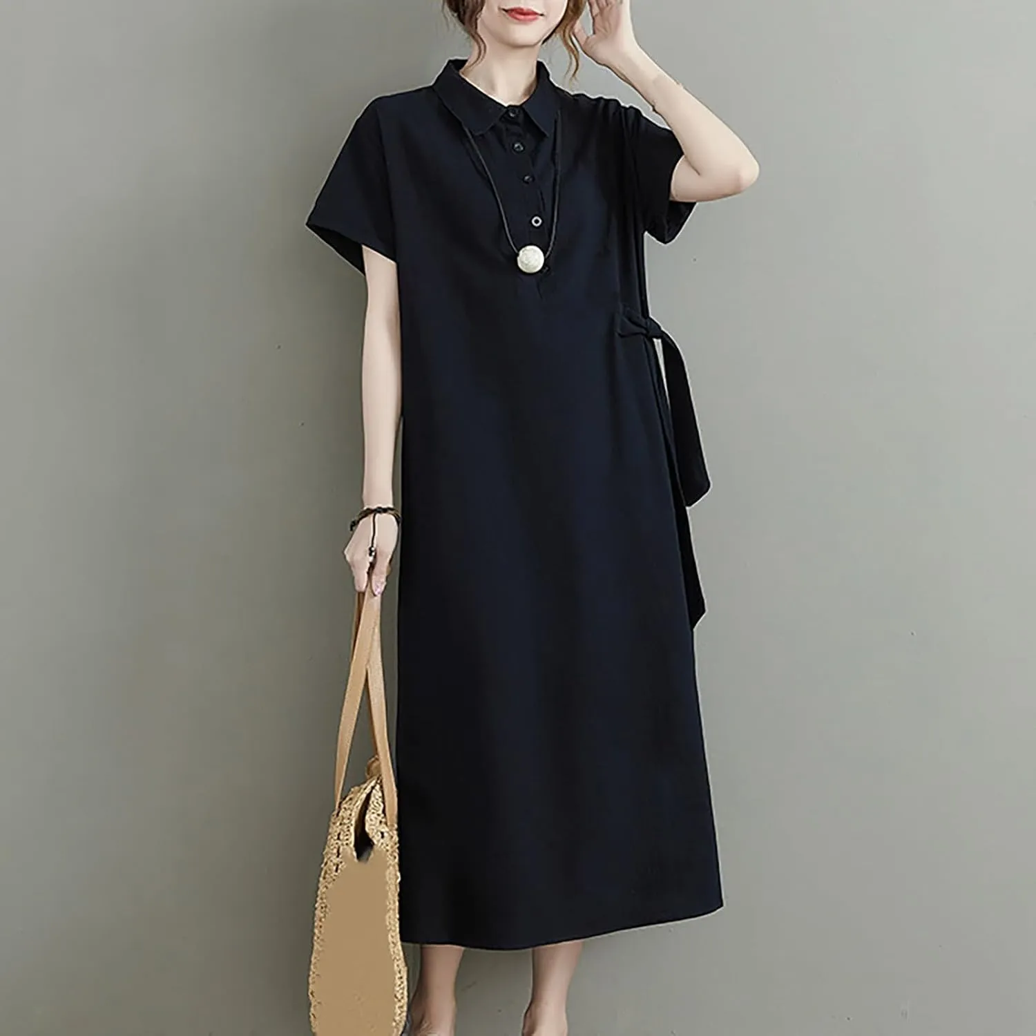 HGps8w Women's Cotton Linen Lapel Midi Dress - Casual Summer Short Sleeve Button Up A Line Plus Size Dresses