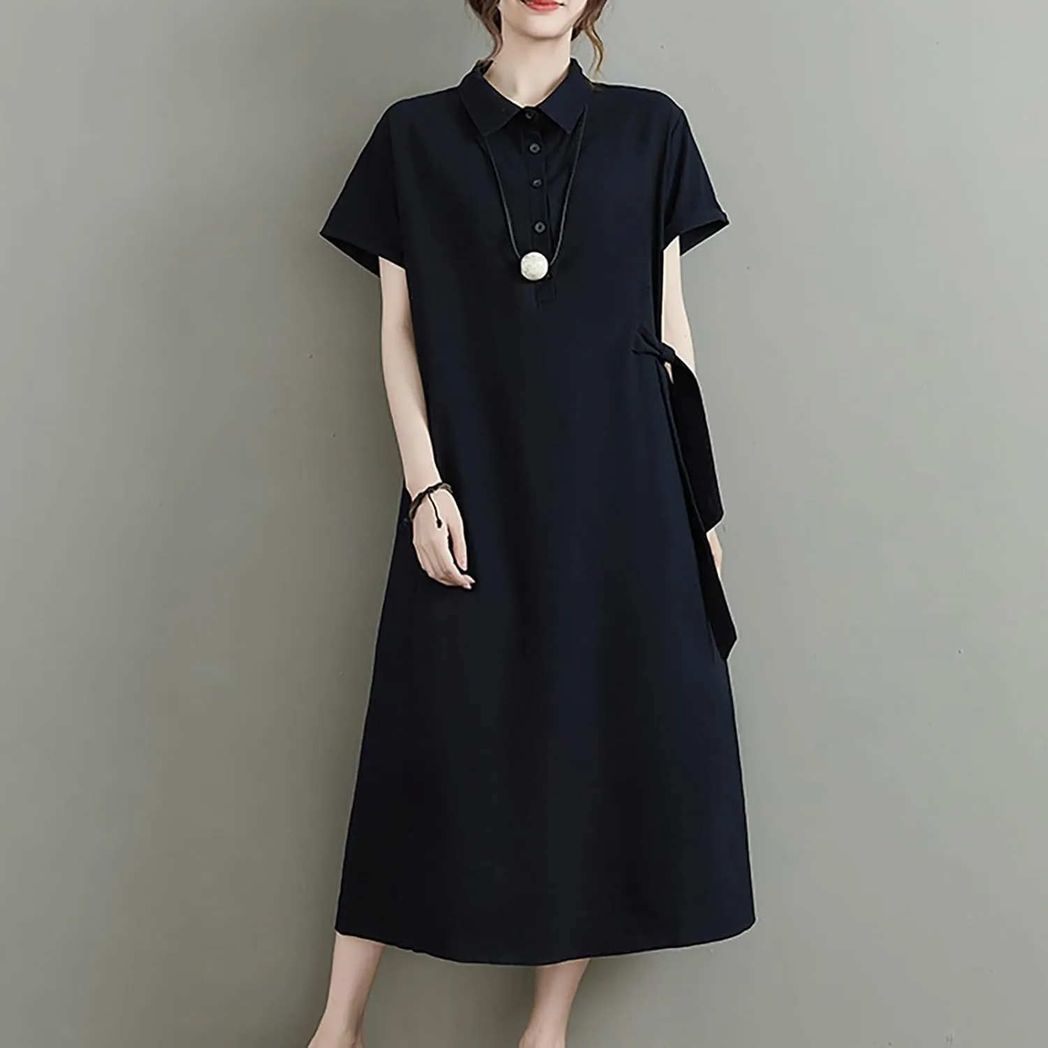 HGps8w Women's Cotton Linen Lapel Midi Dress - Casual Summer Short Sleeve Button Up A Line Plus Size Dresses