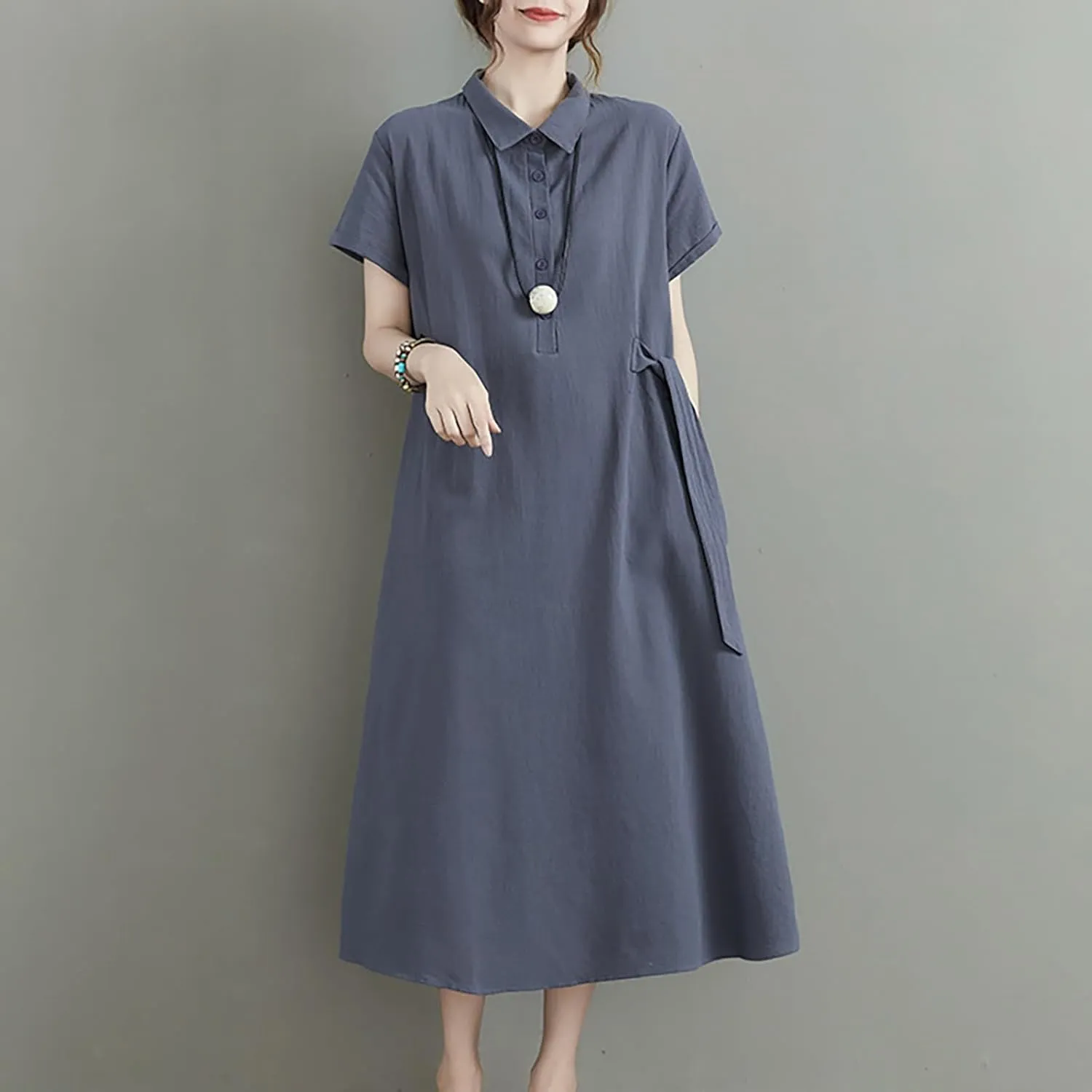 HGps8w Women's Cotton Linen Lapel Midi Dress - Casual Summer Short Sleeve Button Up A Line Plus Size Dresses