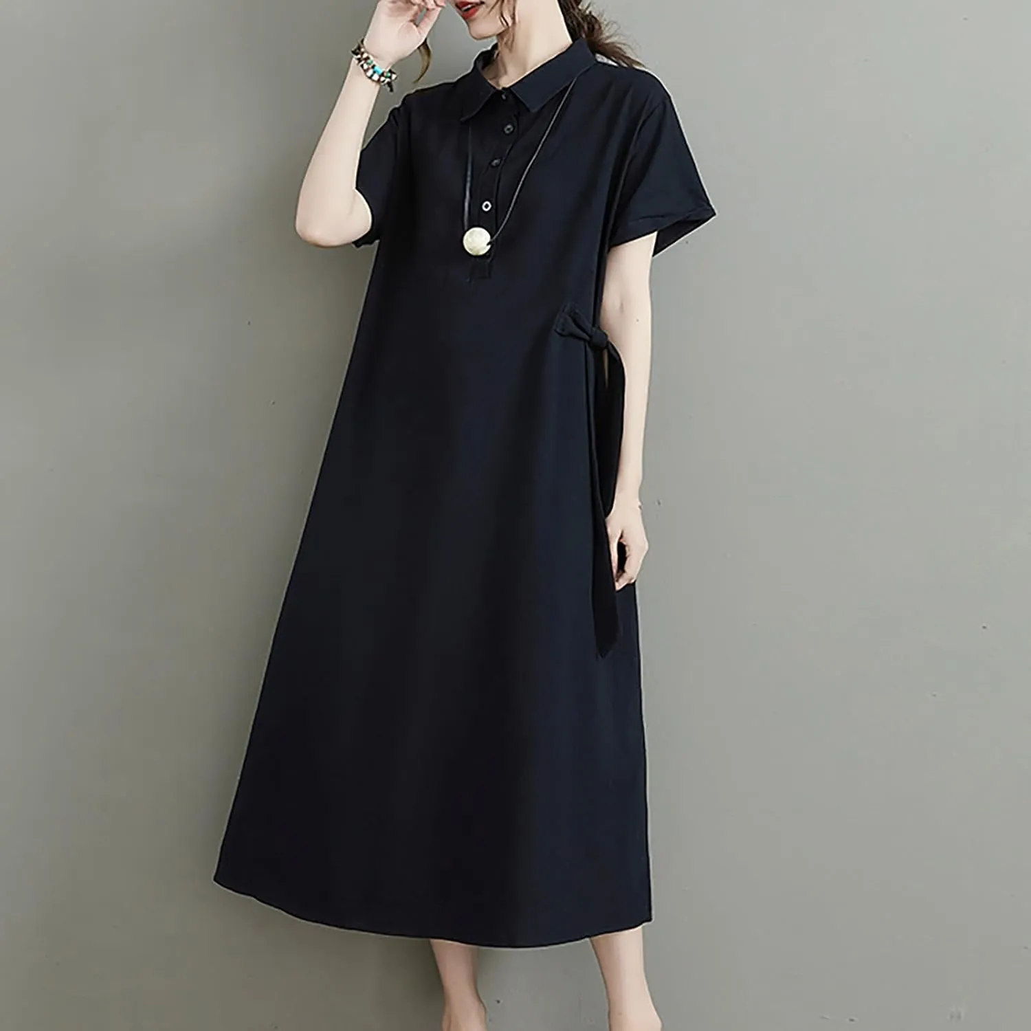 HGps8w Women's Cotton Linen Lapel Midi Dress - Casual Summer Short Sleeve Button Up A Line Plus Size Dresses