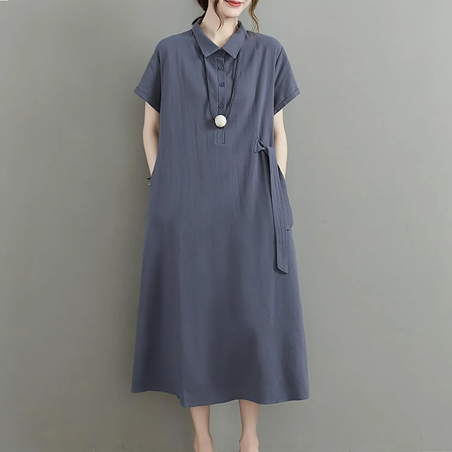 HGps8w Women's Cotton Linen Lapel Midi Dress - Casual Summer Short Sleeve Button Up A Line Plus Size Dresses