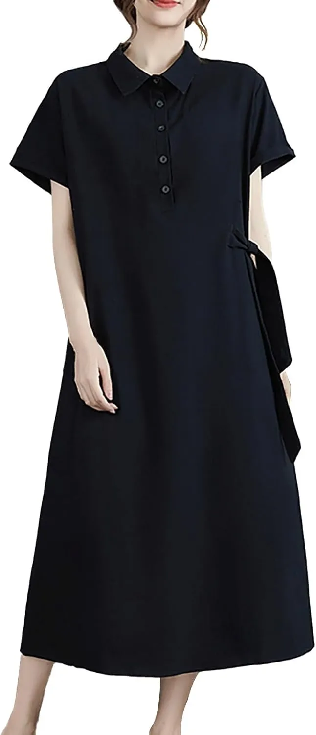 HGps8w Women's Cotton Linen Lapel Midi Dress - Casual Summer Short Sleeve Button Up A Line Plus Size Dresses