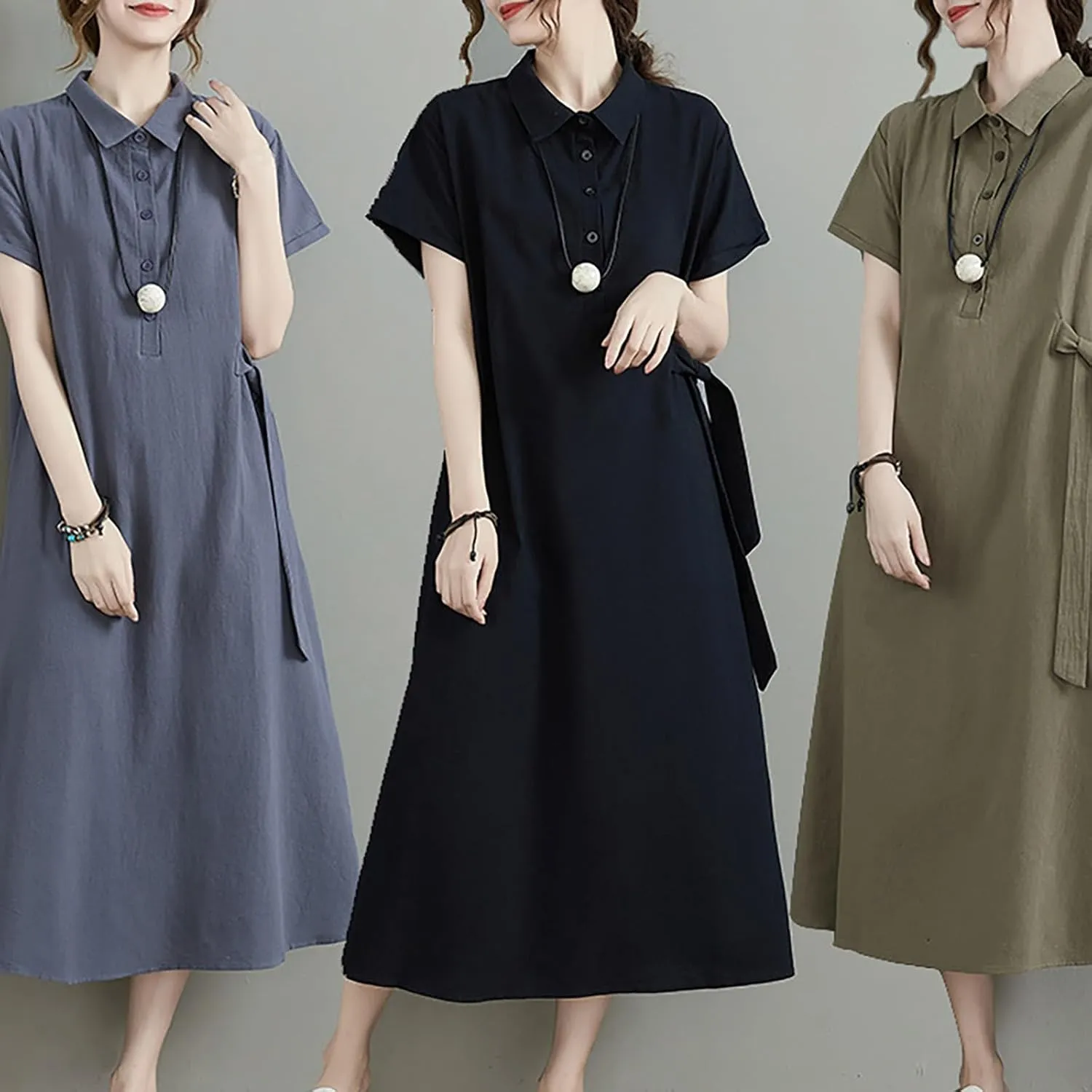 HGps8w Women's Cotton Linen Lapel Midi Dress - Casual Summer Short Sleeve Button Up A Line Plus Size Dresses