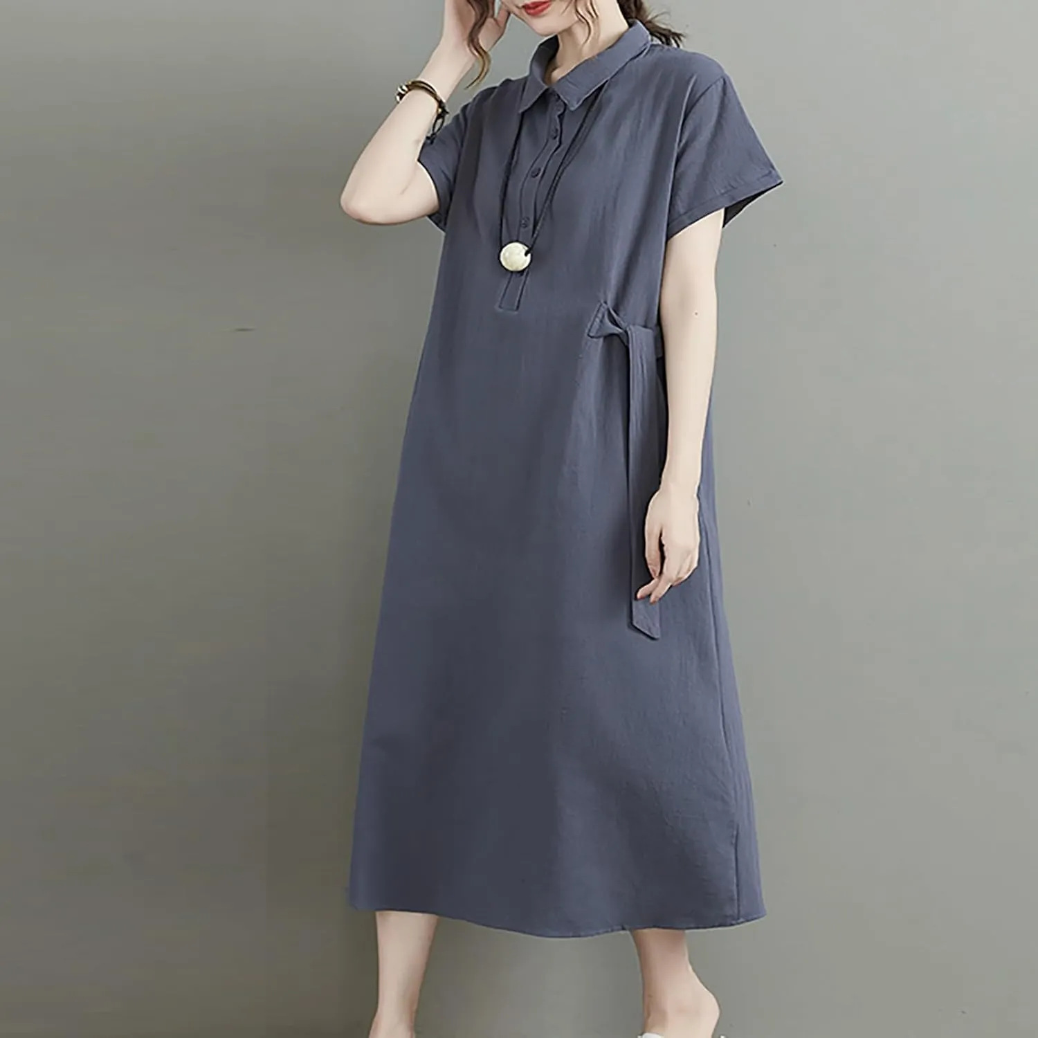 HGps8w Women's Cotton Linen Lapel Midi Dress - Casual Summer Short Sleeve Button Up A Line Plus Size Dresses
