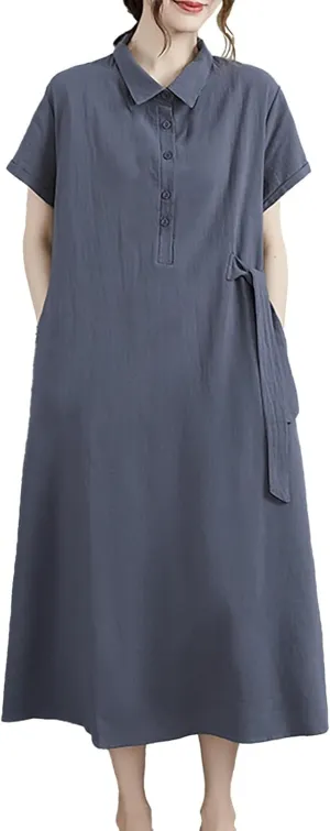 HGps8w Women's Cotton Linen Lapel Midi Dress - Casual Summer Short Sleeve Button Up A Line Plus Size Dresses