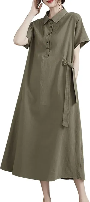 HGps8w Women's Cotton Linen Lapel Midi Dress - Casual Summer Short Sleeve Button Up A Line Plus Size Dresses