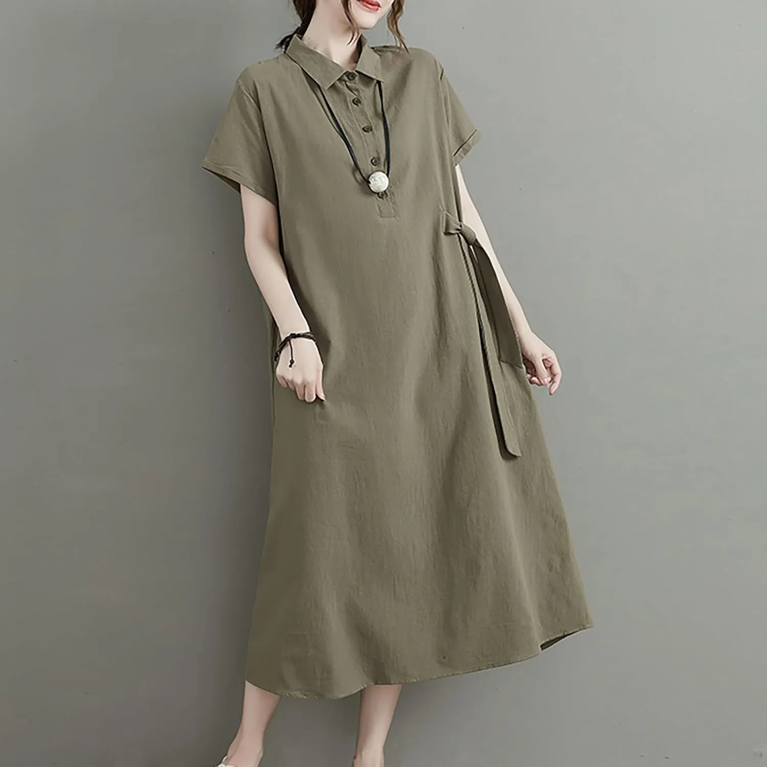 HGps8w Women's Cotton Linen Lapel Midi Dress - Casual Summer Short Sleeve Button Up A Line Plus Size Dresses
