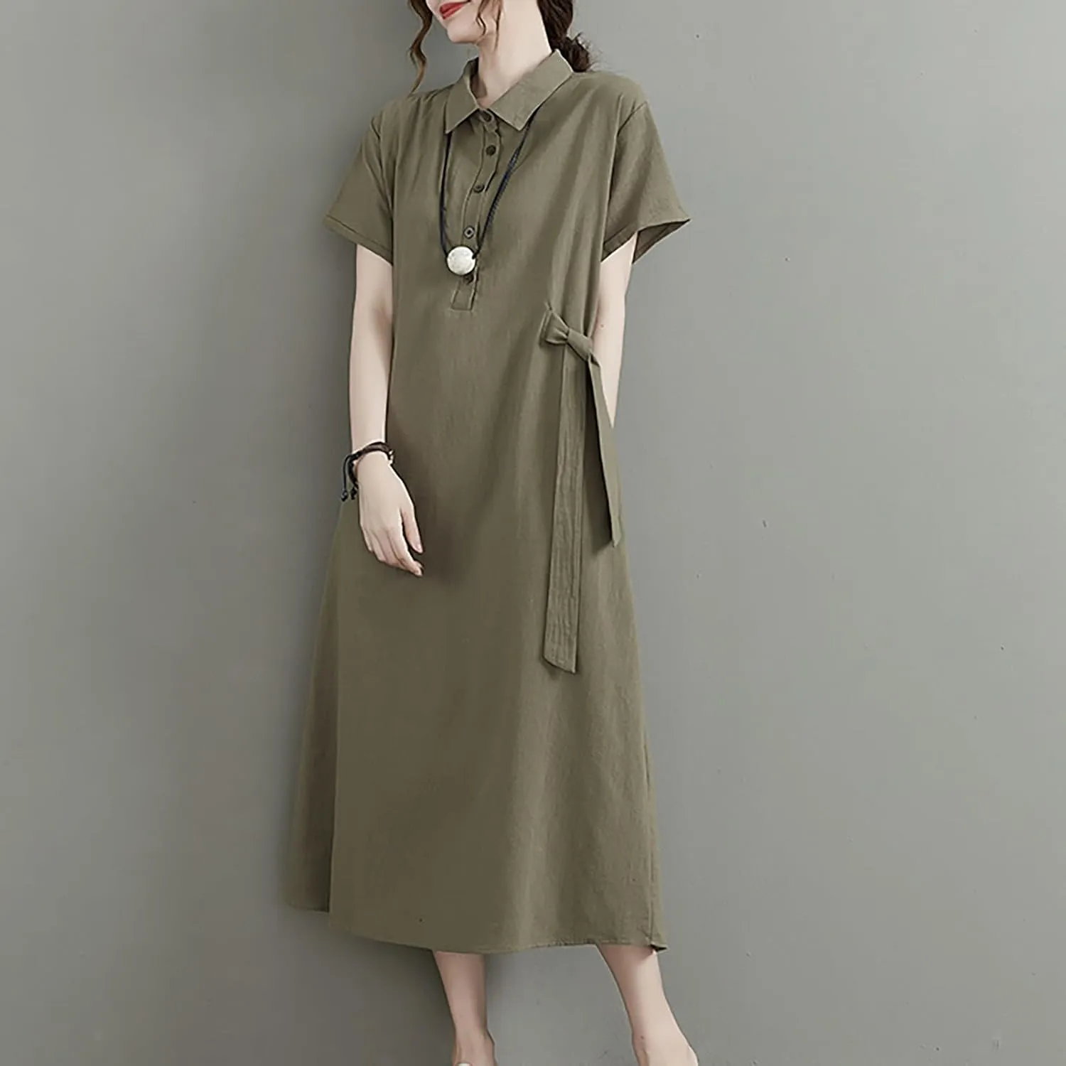 HGps8w Women's Cotton Linen Lapel Midi Dress - Casual Summer Short Sleeve Button Up A Line Plus Size Dresses