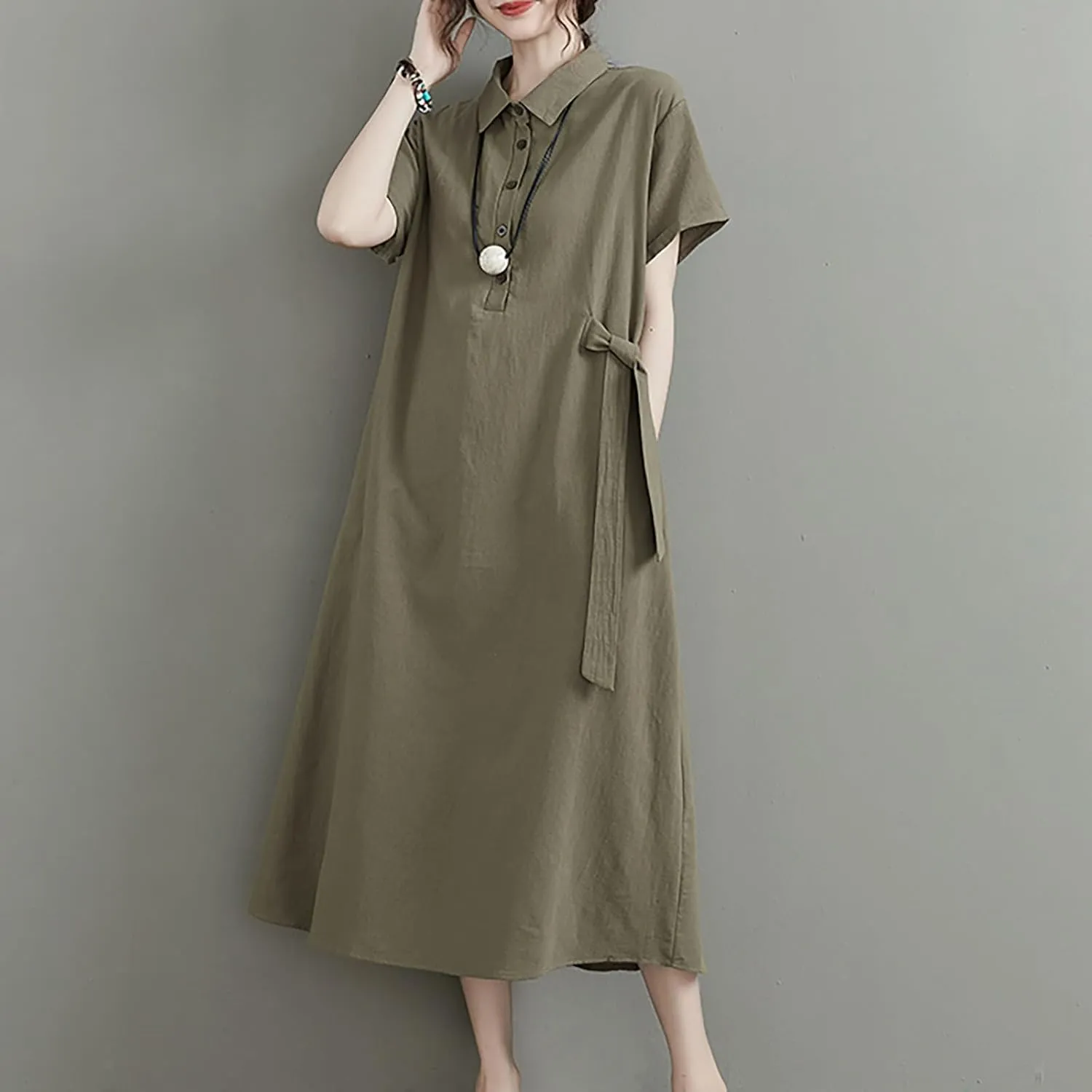 HGps8w Women's Cotton Linen Lapel Midi Dress - Casual Summer Short Sleeve Button Up A Line Plus Size Dresses