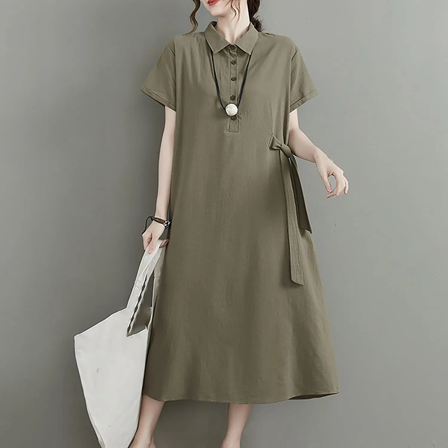 HGps8w Women's Cotton Linen Lapel Midi Dress - Casual Summer Short Sleeve Button Up A Line Plus Size Dresses