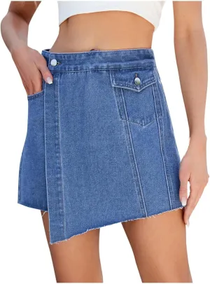 HGps8w Women's Denim Shorts Casual High Waisted Button Up Asymmetrical Jean Skort Skirt Mini Shorts with Pockets