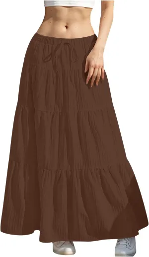 High Waist Tiered Skirts for Women Casual Dressy Drawstring Flowy Skirts Summer Beach Fashion Trendy Long Skirt