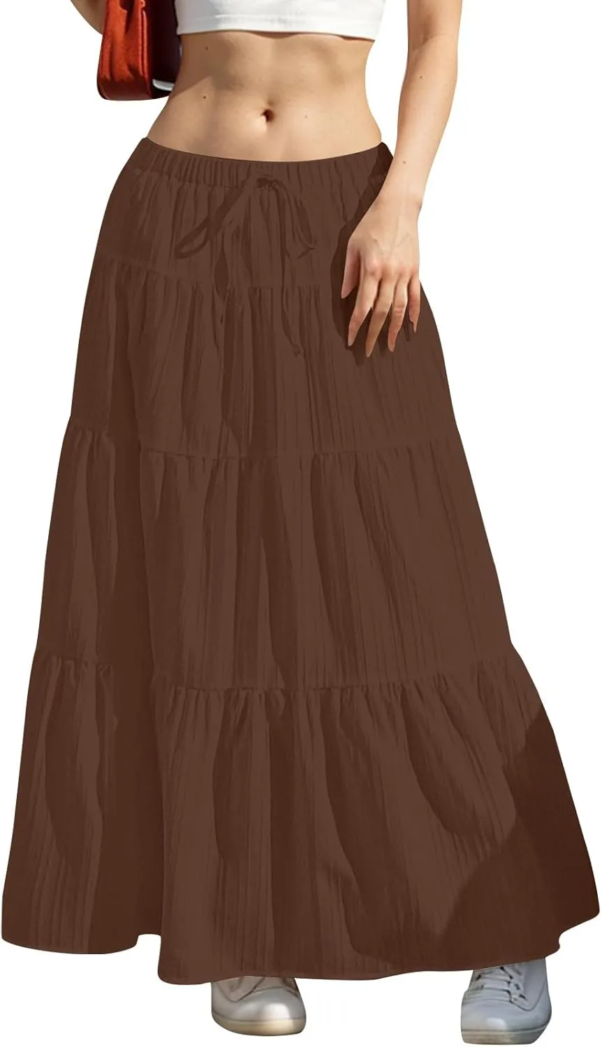 High Waist Tiered Skirts for Women Casual Dressy Drawstring Flowy Skirts Summer Beach Fashion Trendy Long Skirt