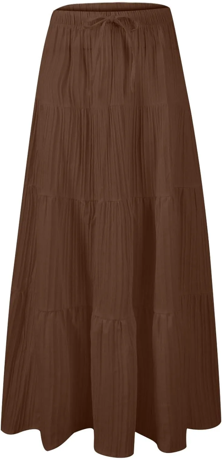 High Waist Tiered Skirts for Women Casual Dressy Drawstring Flowy Skirts Summer Beach Fashion Trendy Long Skirt