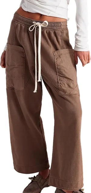Hixiaohe Womens Knit Lounge Pants Trendy Baggy Straight Leg Capri Pants Elastic Waist Drawstring Barrel Pant Casual Trouser