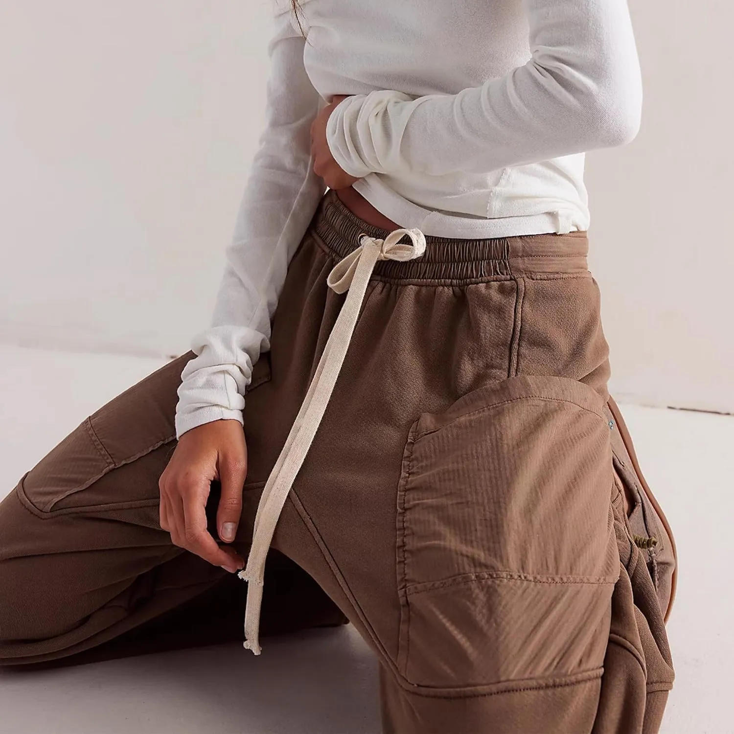 Hixiaohe Womens Knit Lounge Pants Trendy Baggy Straight Leg Capri Pants Elastic Waist Drawstring Barrel Pant Casual Trouser