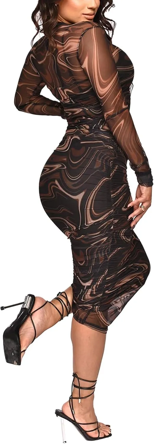 Hoefirm Women Sexy Printed Sheer Mesh Midi Dress See Through Long Sleeve Ruched Mock Neck Bodycon Party Club Night Dress