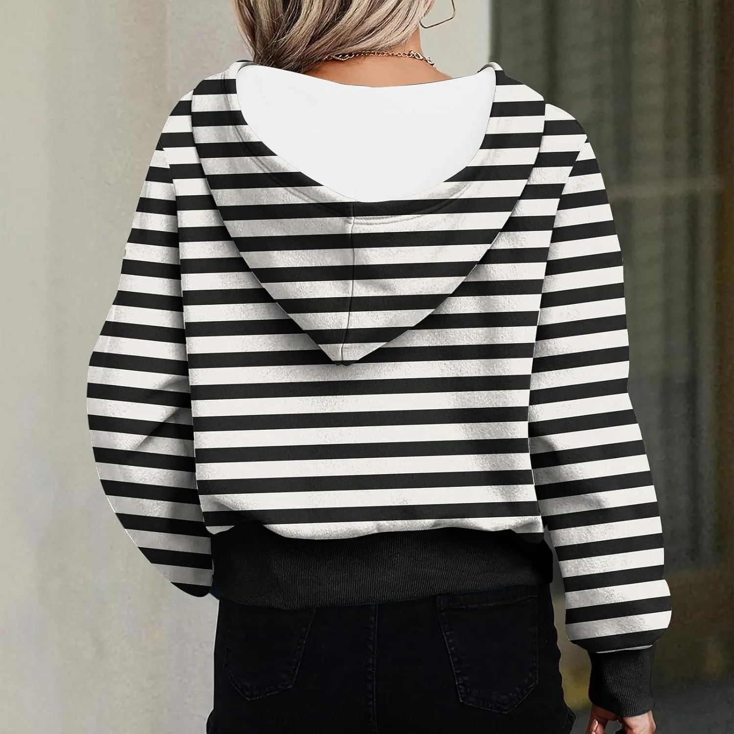 Hoodies for Women Long Sleeve Cropped Hooded Sweatshirt Striped Half Zip Loose Fit Hoodies Pullover Casual Fall Clothes