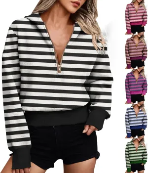 Hoodies for Women Long Sleeve Cropped Hooded Sweatshirt Striped Half Zip Loose Fit Hoodies Pullover Casual Fall Clothes