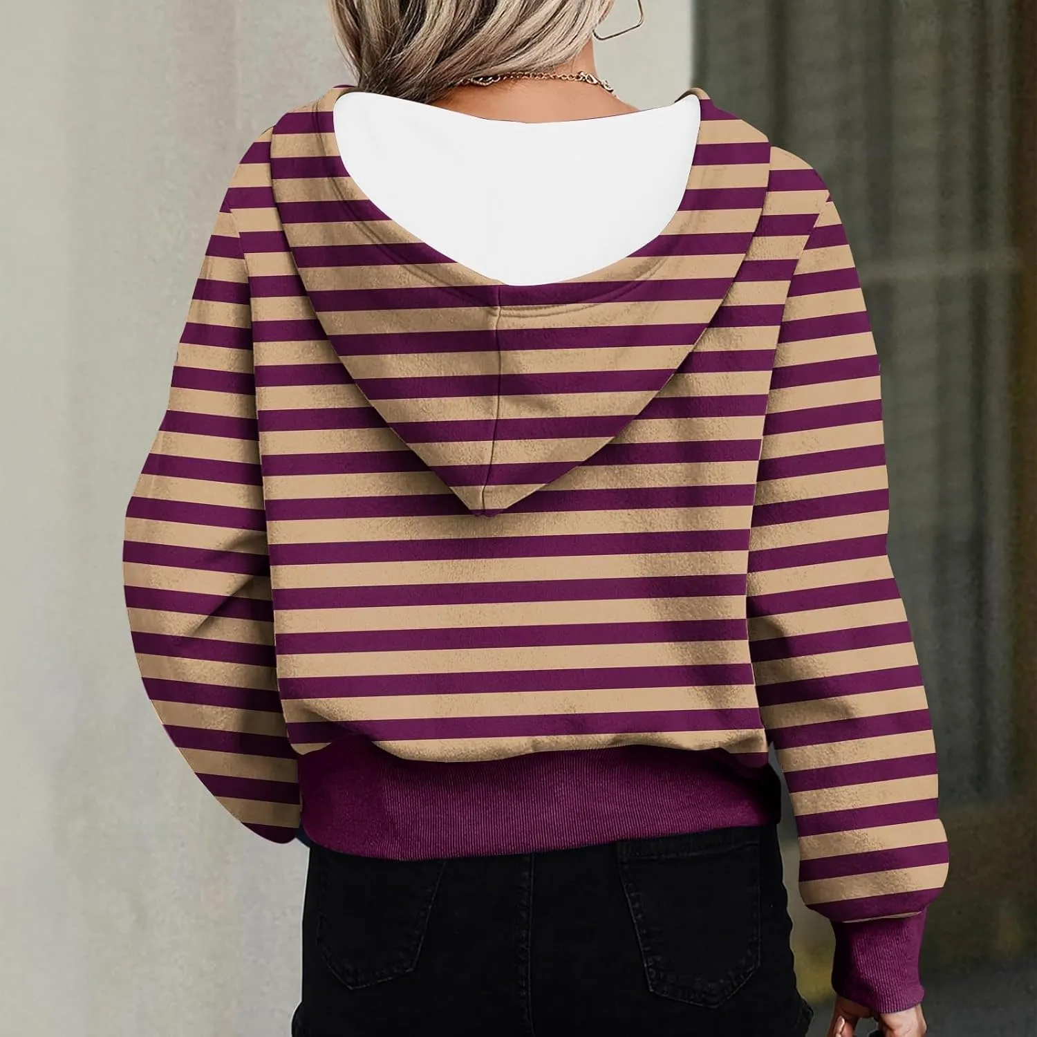 Hoodies for Women Long Sleeve Cropped Hooded Sweatshirt Striped Half Zip Loose Fit Hoodies Pullover Casual Fall Clothes