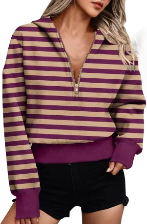 Hoodies for Women Long Sleeve Cropped Hooded Sweatshirt Striped Half Zip Loose Fit Hoodies Pullover Casual Fall Clothes