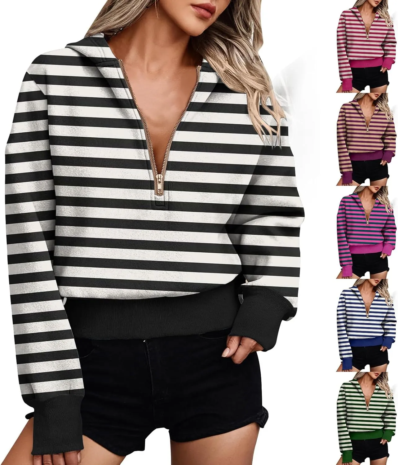 Hoodies for Women Long Sleeve Cropped Hooded Sweatshirt Striped Half Zip Loose Fit Hoodies Pullover Casual Fall Clothes