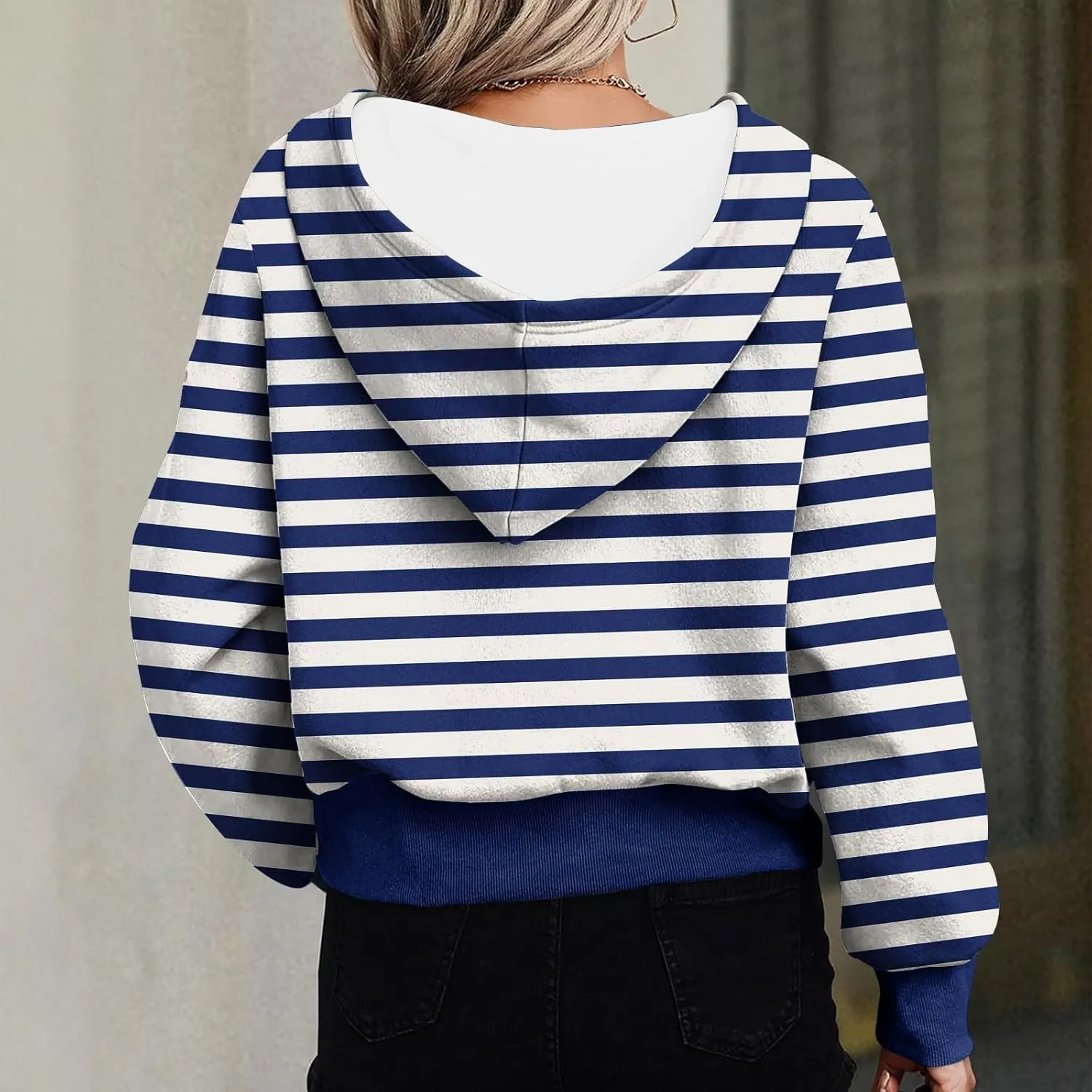 Hoodies for Women Long Sleeve Cropped Hooded Sweatshirt Striped Half Zip Loose Fit Hoodies Pullover Casual Fall Clothes