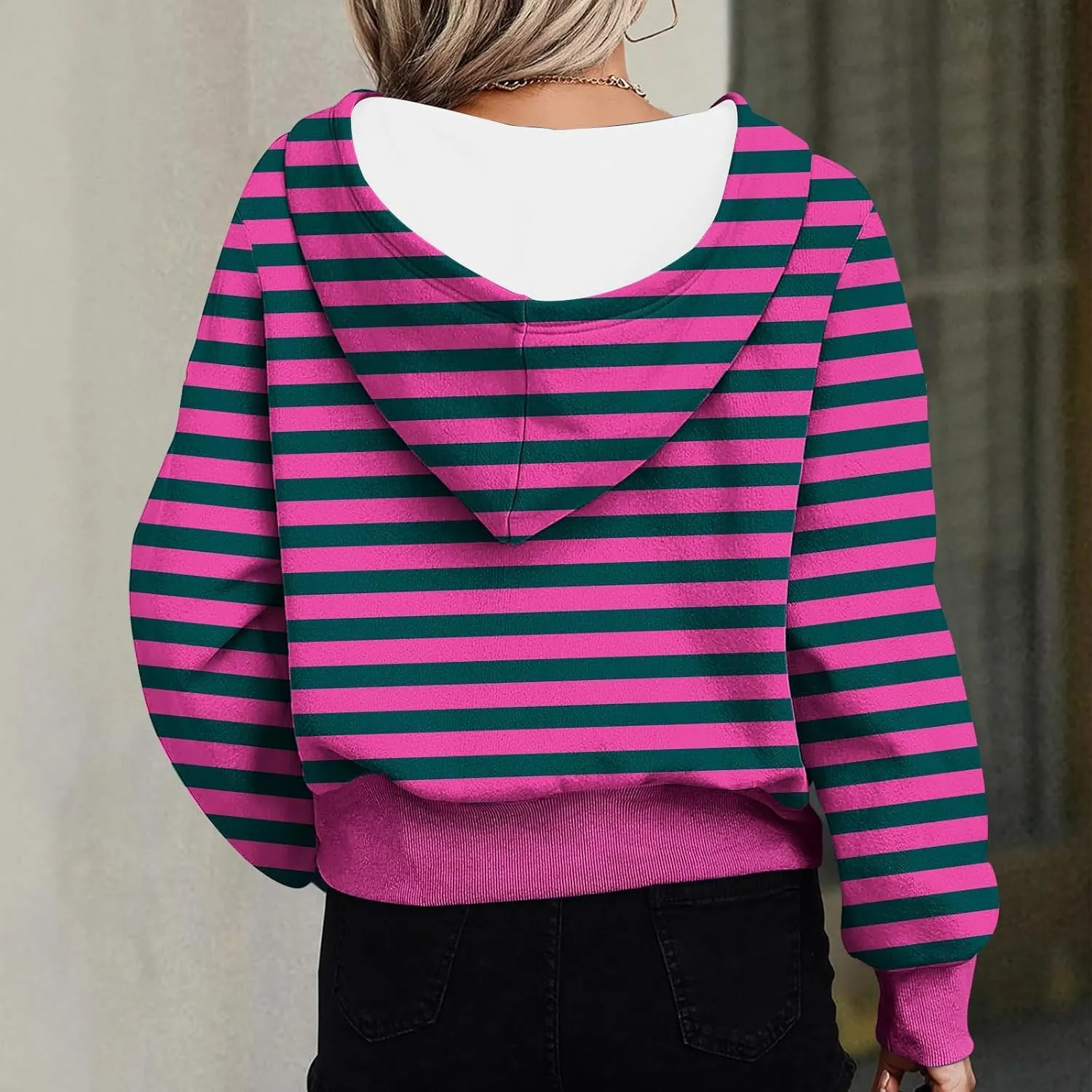 Hoodies for Women Long Sleeve Cropped Hooded Sweatshirt Striped Half Zip Loose Fit Hoodies Pullover Casual Fall Clothes