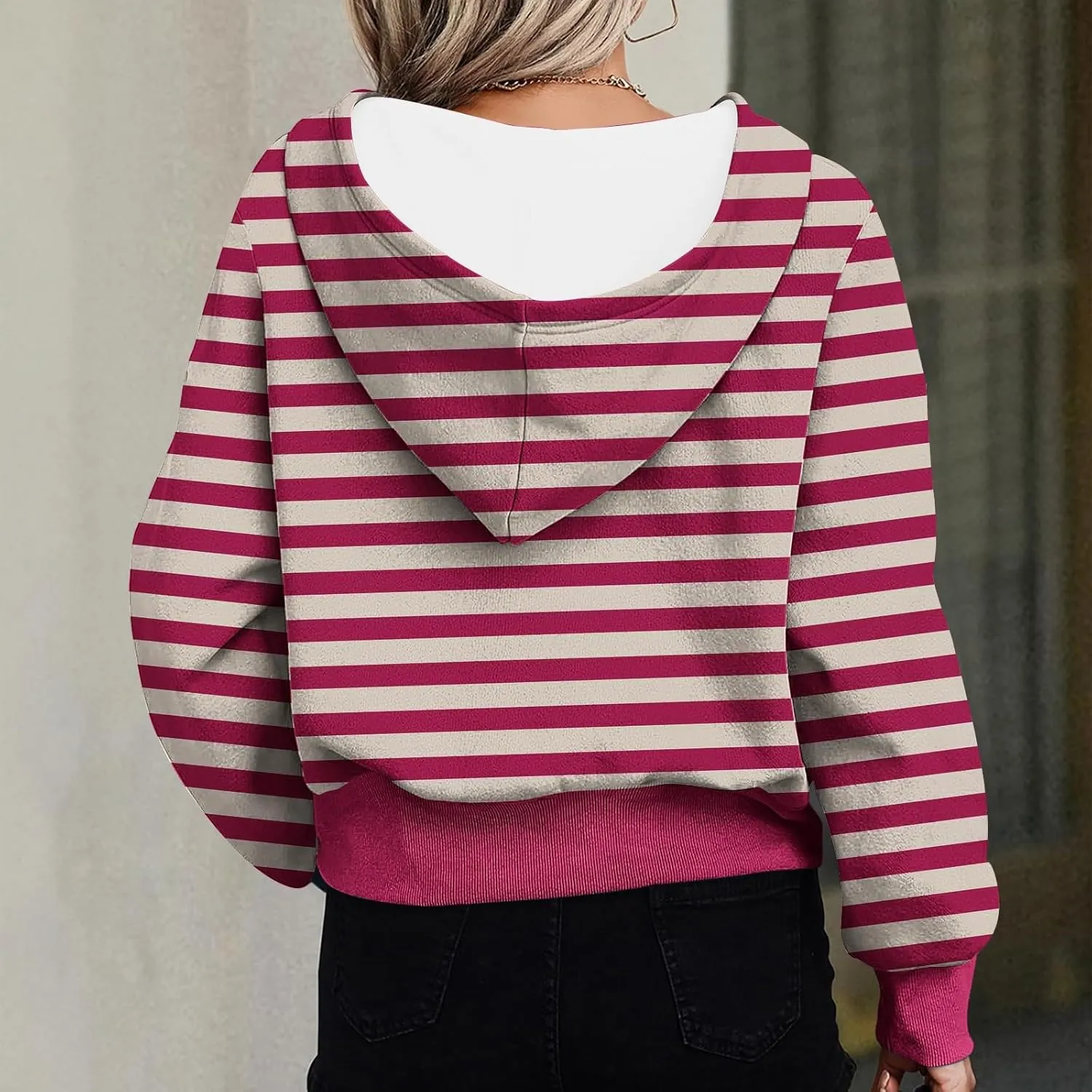Hoodies for Women Long Sleeve Cropped Hooded Sweatshirt Striped Half Zip Loose Fit Hoodies Pullover Casual Fall Clothes